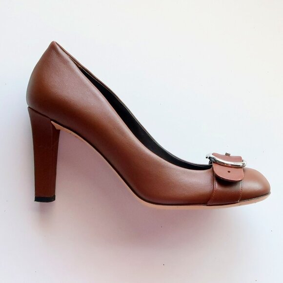 Gucci Brown Leather Block Heel Pumps Logo Buckle Designer Office Party Shoes 7.5 - Picture 9 of 16